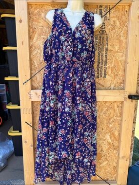 Purple Floral V-Neck Sleeveless Hi‑Low Maxi Dress